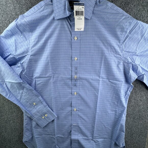 NWT Polo Ralph Lauren Men EASY CARE Button Up Shirt BLUE WHITE 16 34/35 Adult - Picture 2 of 15
